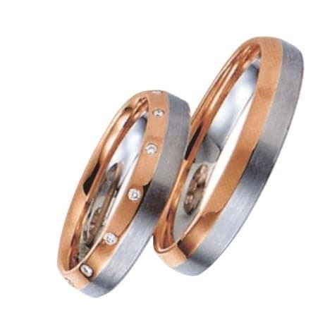 Snubní prsteny č.89, 90 — Bílé a červené zlato 585/1000, zirkony, šíře 4 mm